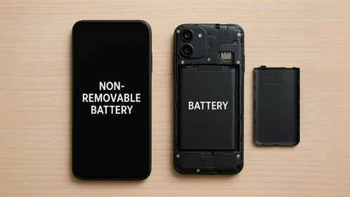 Two smartphones side by side: one modern with a non-removable battery, one older with a removable battery exposed.