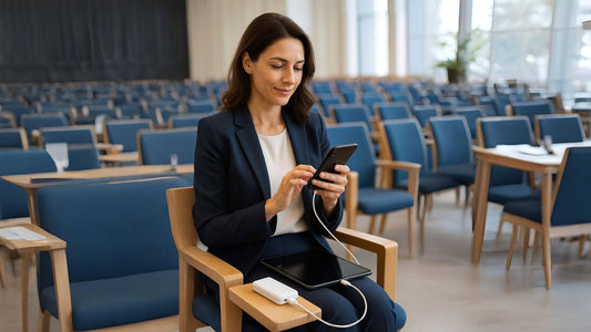 Businesswoman using smartphone and tablet with power bank in conference room