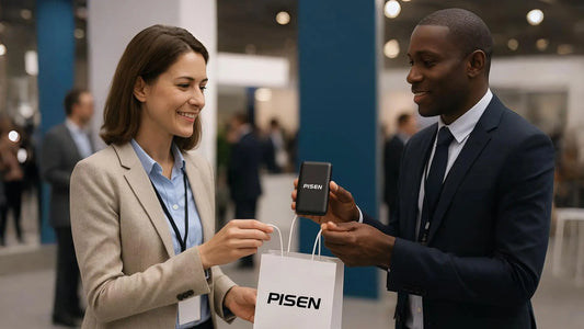 Businesswoman receiving branded power bank gift at trade show booth