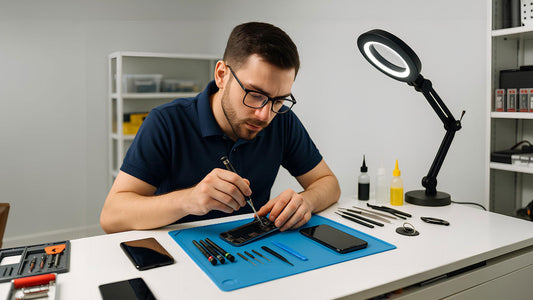 Mobile phone repair technician disassembling a smartphone on a workbench