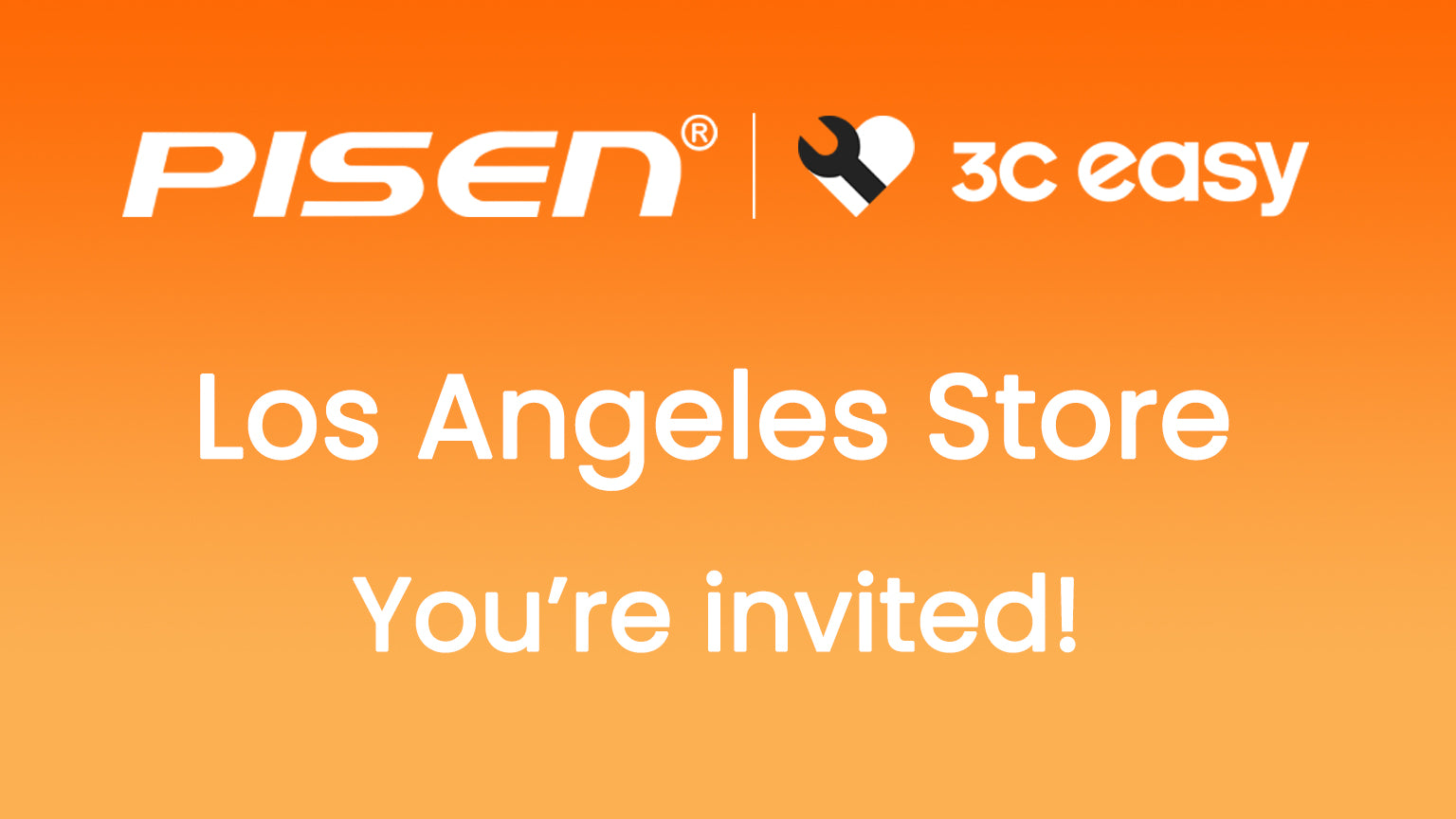 PisenBiz Los Angeles store invitation banner with orange background and white text