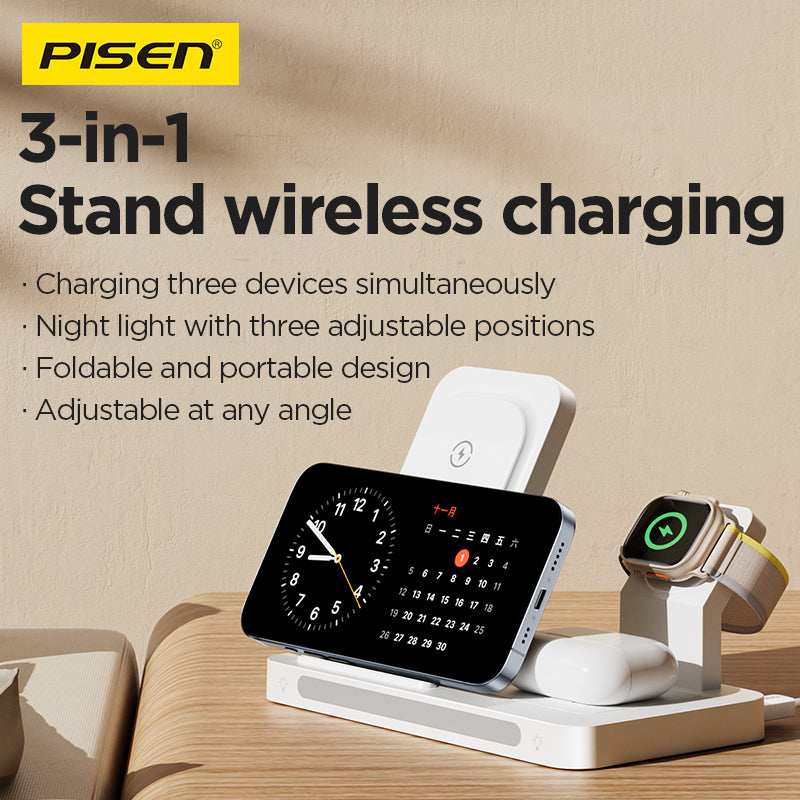 PISEN Magsafe Wireless Charging Station(Foldable 3-in-1)with Night Lig