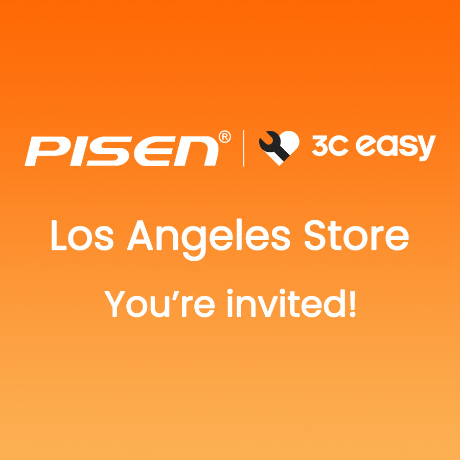 PisenBiz Los Angeles Store invitation on orange background, 3c easy logo, electronics supplier