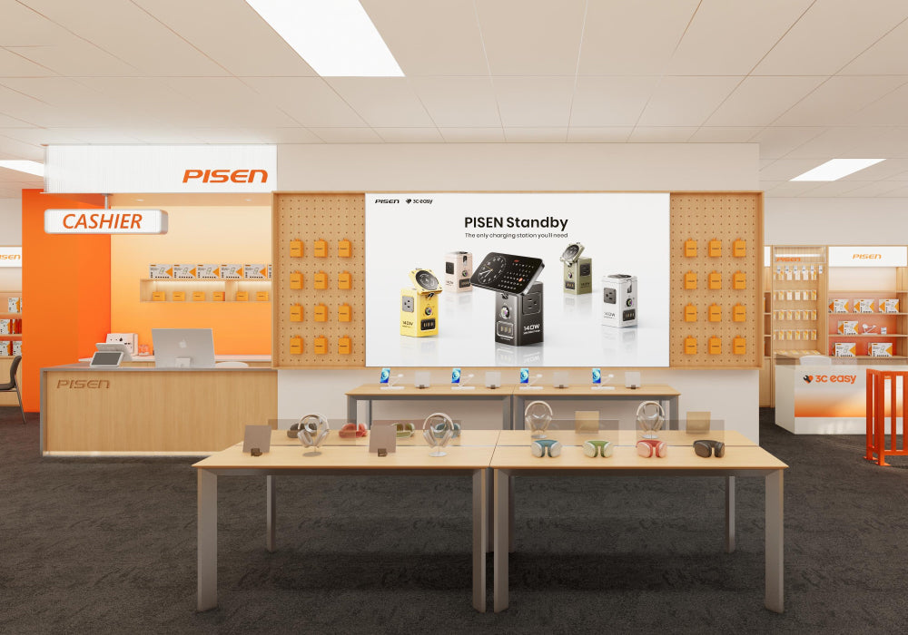 PisenBiz retail store interior featuring power banks, chargers, and electronic accessories display.