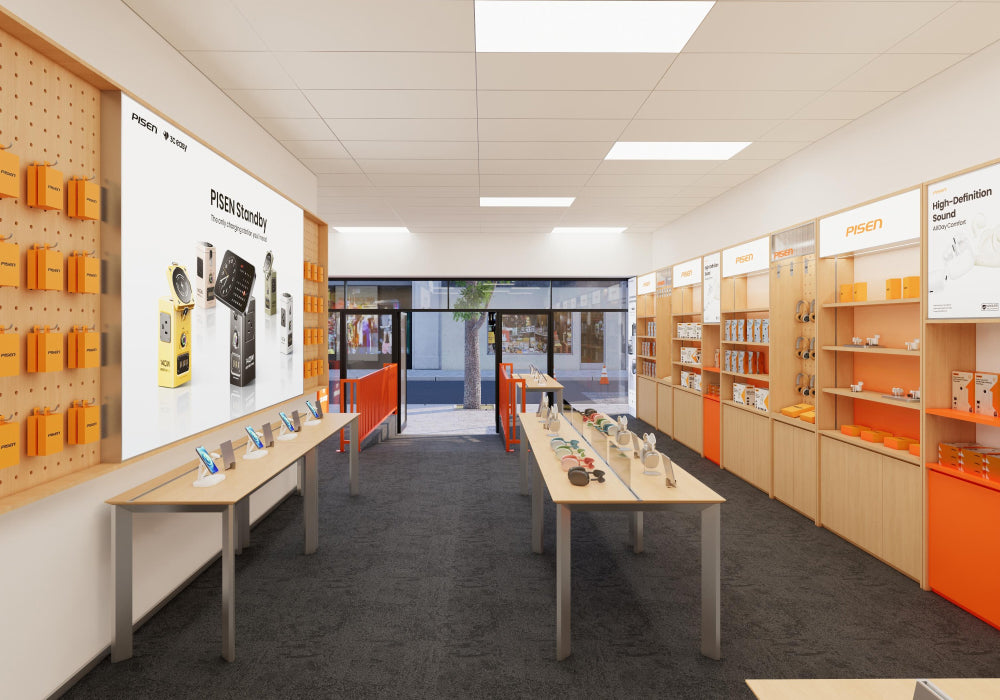 PisenBiz retail store interior with power banks, chargers, phone accessories and tools on display