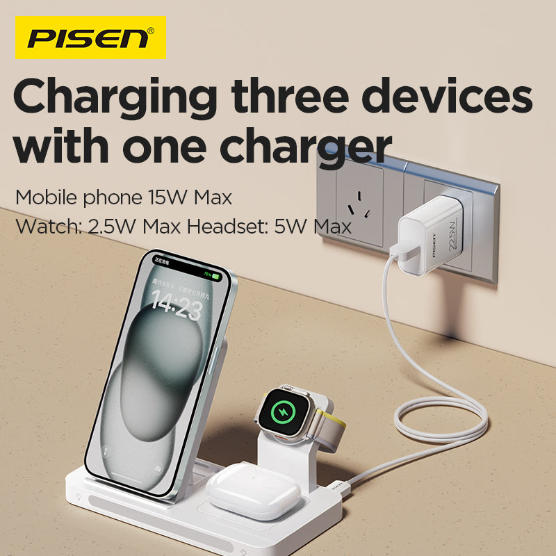 PISEN Magsafe Wireless Charging Station(Foldable 3-in-1)with Night Lig