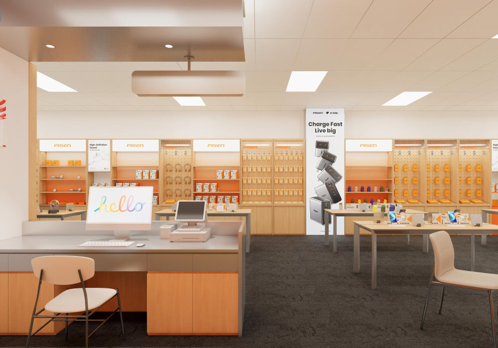 PisenBiz retail store interior showcasing power banks, chargers, cables, and accessories on display