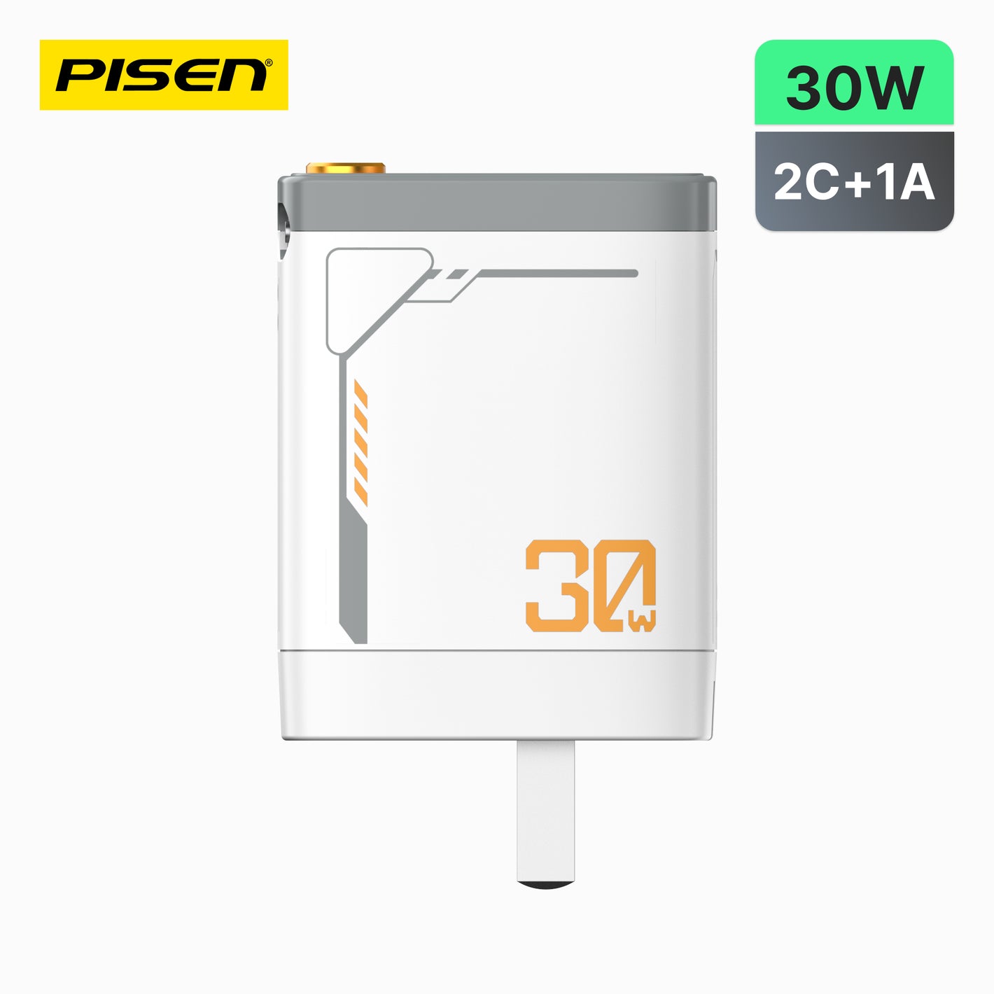 PisenBiz 30W GaN charger, white compact plug with 2C+1A ports, power accessories supplier.