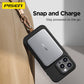 Pisen portable power bank attached to iPhone, clipped to a bag, mobile charging accessory