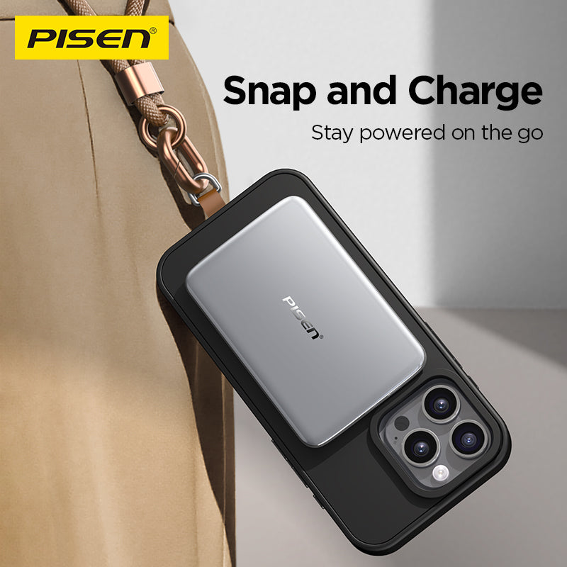 Pisen portable power bank attached to iPhone, clipped to a bag, mobile charging accessory