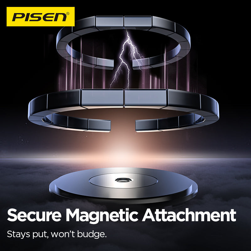 PisenBiz secure magnetic attachment technology visual with lightning and metallic rings for power bank accessories