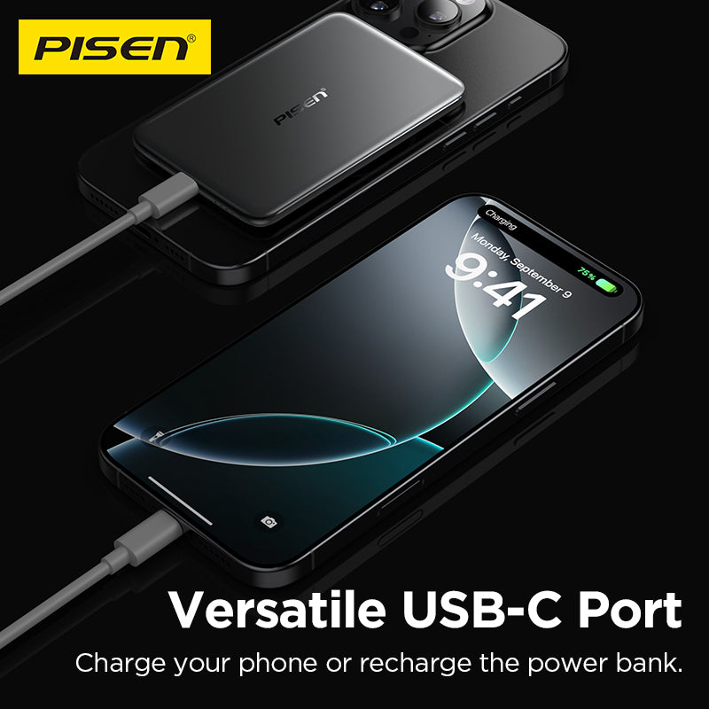 Pisen power bank charging smartphone via USB-C cable, tech accessories for B2B supply