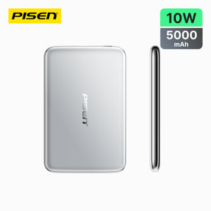 PisenBiz silver 5000mAh 10W slim power bank, portable charger, product front and side view