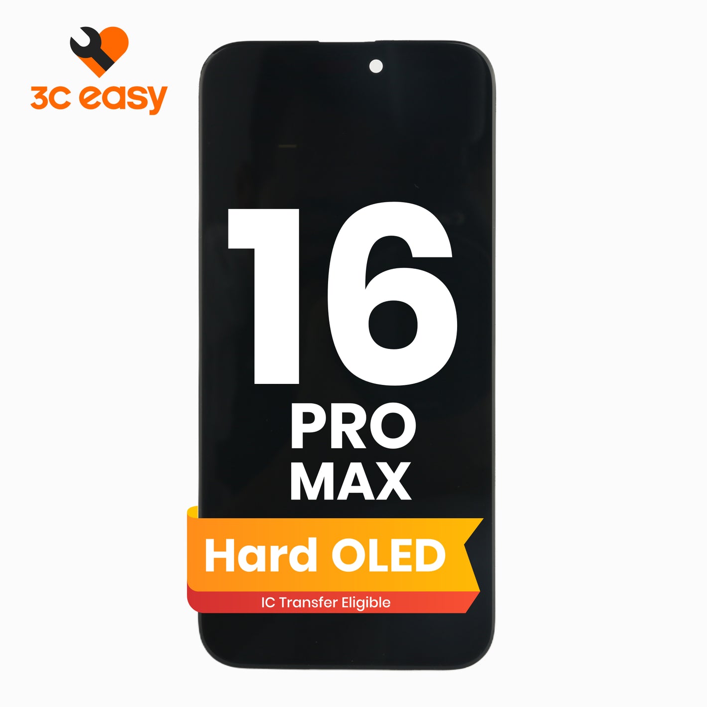 iPhone 16 Pro Max black hard OLED replacement screen with 3c easy logo on white background